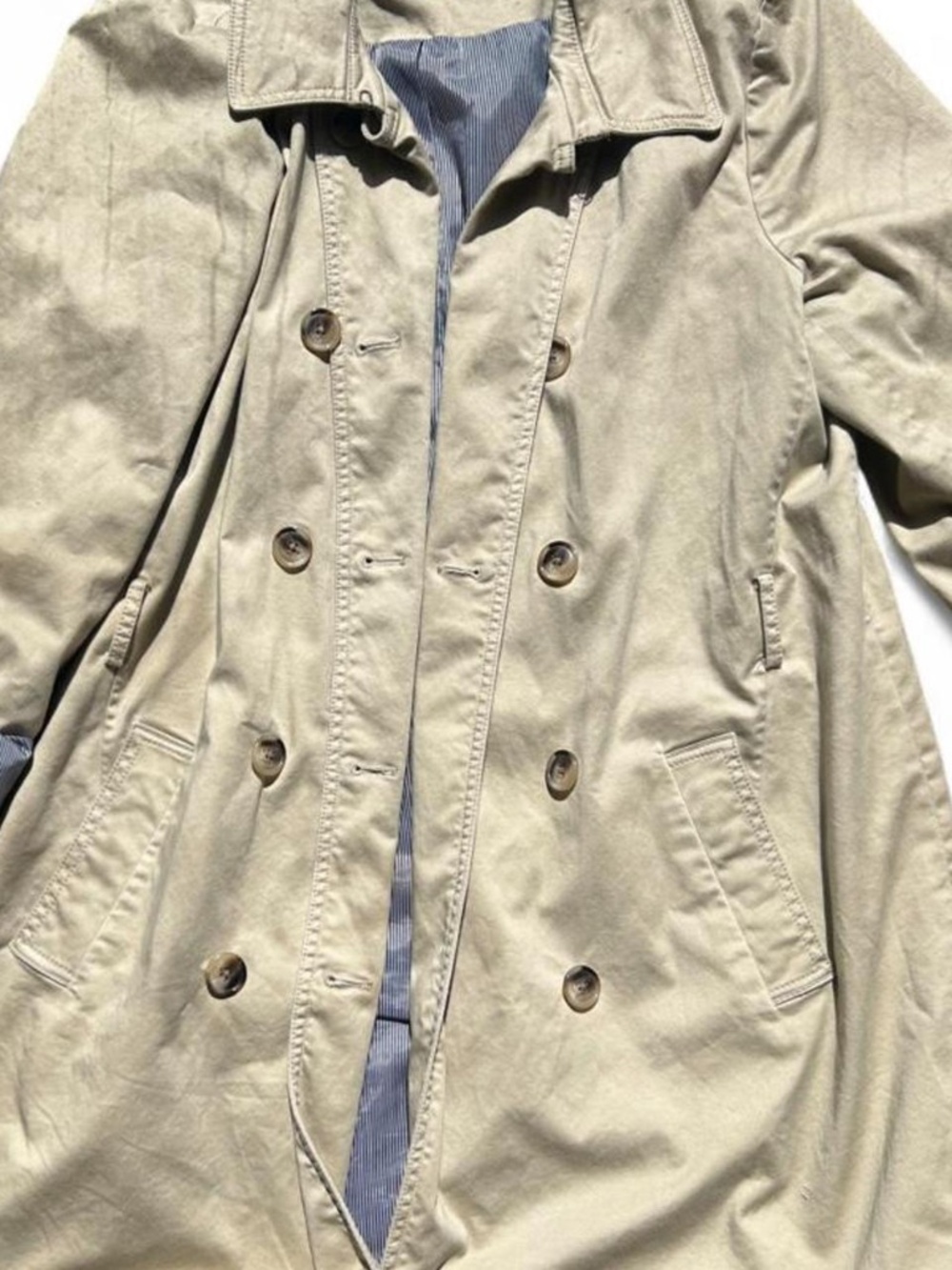 Style & Co XL Khaki Dbl Breasted Trench Coat Striped Lining No Waist strap